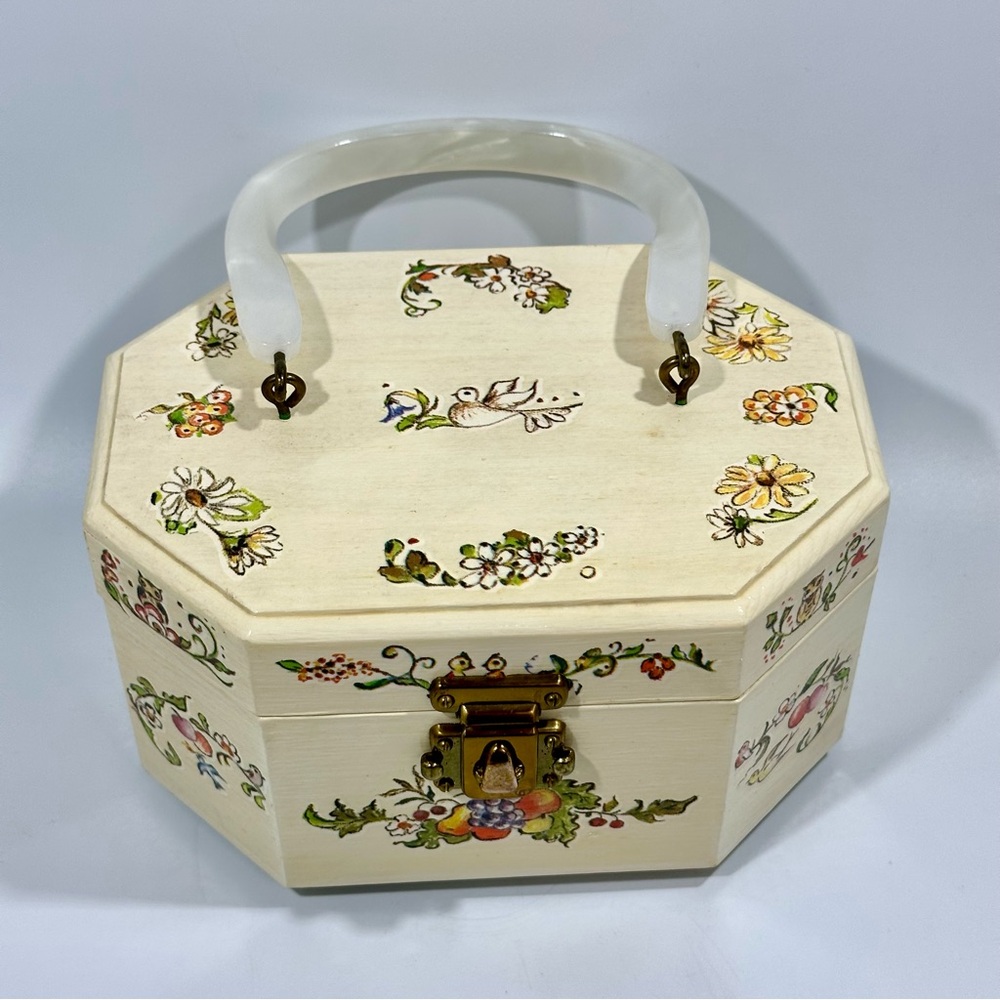 Vintage Floral Wood Octagonal Box Purse Cottagecore Fairy Coquette Birds Animals